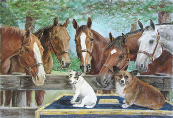 Pastel Portrait of 5 Horses and 2 Dogs